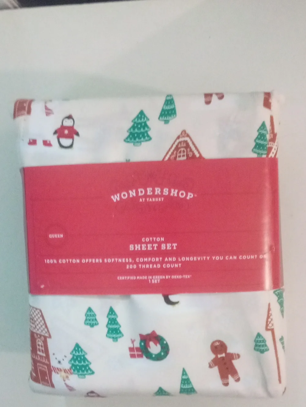 Wondershop White Sheet Set with Green & Red Holiday Motifs Queen NWT $59 Target